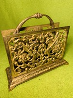 Antique original gold-painted leaf holder with copper or bronze desk accessories and winged dragon relief