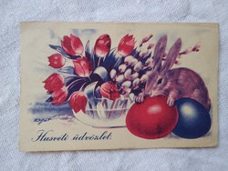 Régi grafikus húsvéti képeslap nyuszi, tojás, tulipán, barka 1940-es évek