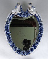 1G827 antique heart shaped sitzendorf porcelain framed putto mirror ~ 1850