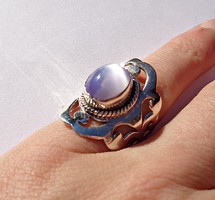 Wide, openwork pattern, purple stone silver ring
