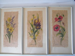 Painted floral pictures made of handmade paper framed by 3 pcs