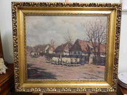Németh György (1888-1962) Ökrös kocsi tanya jelenet festmény