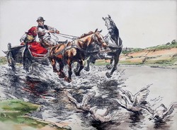 Galloping horse carriage, marked painting