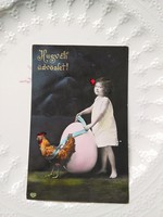 FOGLALT!! Antik színezett húsvéti képeslap, kislány tojással, kakas, 1908