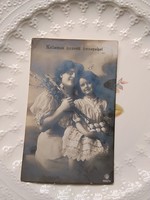 Antik húsvéti képeslap/fotólap, anya, kislány fodros, csipkés ruhában, barka, tojások 1911