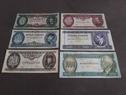 10, 20, 50, 100, 500, 1000 forintos régi papír bankjegyek (forint sor) - Régi magyar Ft papírpénzek