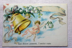 Antik francia üdvözlő képeslap angyalkák  csengő gyöngyvirág  litho