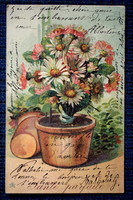 Antik csillámos üdvözlő  képeslap  virág cserépben