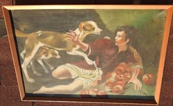 Oil on canvas painting _ dogs overturning a child - life picture
