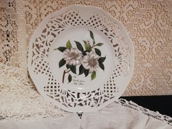 For sale old porcelain German apel graphics pierced-edged Japanese camellia floral wall ornament plate!