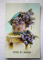 Antik  üdvözlő fotó képeslap kalapdoboz  virág