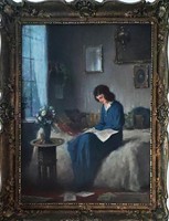 Endre Komáromi kacz (1880 - 1969): reading girl in interior
