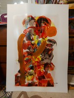 Szignós absztrakt festmény, olaj, karton, 70x100 cm