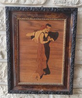 Intarzia kép keretben, táncoló pár, verseny táncosok,szép kidolgozás, kézimunka