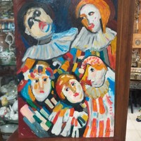 Michael Schéner (1923-2009) clown family, oil-wood fiber painting. 50 X 70 cm.