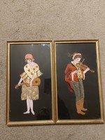 Embroidered silk picture in pairs with tempera painting from the '40s