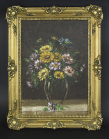 Blacksmith b. Flower still life with signage, oil painting