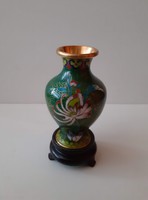 Retro beautiful color compartment enamel inlaid vase on wooden base