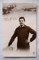 Antique french nostalgia greeting photo postcard with pilot man