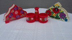 Painted wooden salt shaker, napkin holder, floral, Kalocsa, matyo pattern, 3 pcs