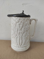 Antik konyhai eszköz fehér porcelán kancsó kanna ón fedővel 5017