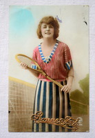 Antik francia nosztalgia  fotó képeslap  hölgy teniszütővel