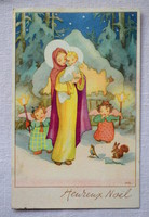 Régi francia Karácsonyi üdvözlő grafikus képeslap  Kis Jézus  Szűz Mária angyalkák