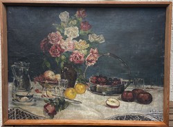 Yuliy Klever Orosz festő 1920 Asztali csendélet gyümölcsökkel, virágokkal