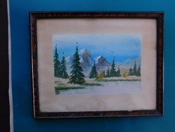 Aquarell: snowy mountain peaks, pine