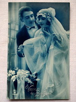 Antik francia romantikus üdvözlő fotó képeslap esküvői pár