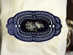 Porcelain openwork serving basket is dark blue, flawless 24 cm long