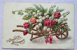 Antik dombornyomott  üdvözlő képeslap rózsa talicska