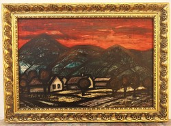 Krajcsirovics Henrik (1929-2007) Hegyek Alján c Képcsarnokos festménye Eredeti Garanciával !
