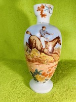 Antique painted milk glass vase, equestrian painting and flowers on the side, flawless beauty