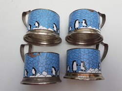Retro tűzzománcos pohártartó pingvines régi orosz design alpakka teás kellék 4 db