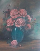 Red roses in a blue vase painting - still life