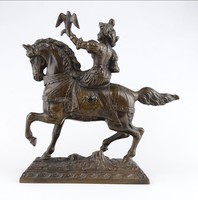 1H807 Antik lovon ülő solymász bronz szobor talapzaton 20 cm