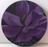 Purple anemone painting - round still life