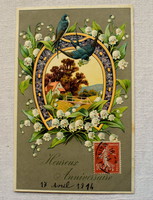 Antik dombornyomott Születésnapi üdvözlő képeslap  fecske szerencsepatkó tájkép