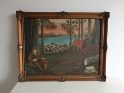 Régi olajfestmény festmény blondel keret 92 x 72 cm vadászat