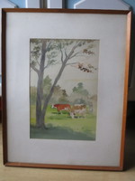 Very nice cozy folk theme / cows grazing / painting
