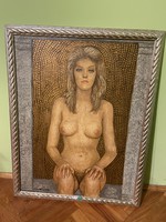 Béla Czene: female nude in front of a golden mosaic, 1987.