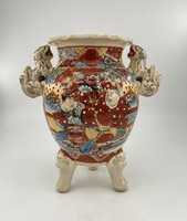 Antique Japanese Hand Painted Marked Large Ceramic Vase Pot with Foo Dog Ears China Asia 19th Century