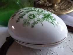 Nagyméretű Hollóházi tojás alakú bonbonier, ékszertartó, zöld mintával