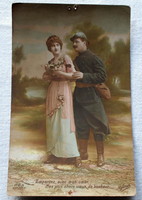Antik francia romantikus üdvözlő fotó képeslap udvarlás katona