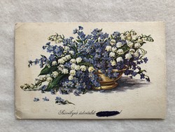 Régi Virágos képeslap, Gyöngyvirág, Nefelejcs
