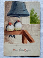 Antik francia Húsvéti üdvözlő kézzel festett képeslap  madarak  harang