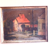 Painter József Palicz (1931-2010): red roof oil painting in original frame