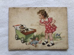 Régi grafikus képeslap, kislány babakocsival, babával és kutyával 1954