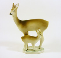 Zsolnay, deer mother with her little kid 17.6 Cm hand painted porcelain figurine, flawless! (I150)